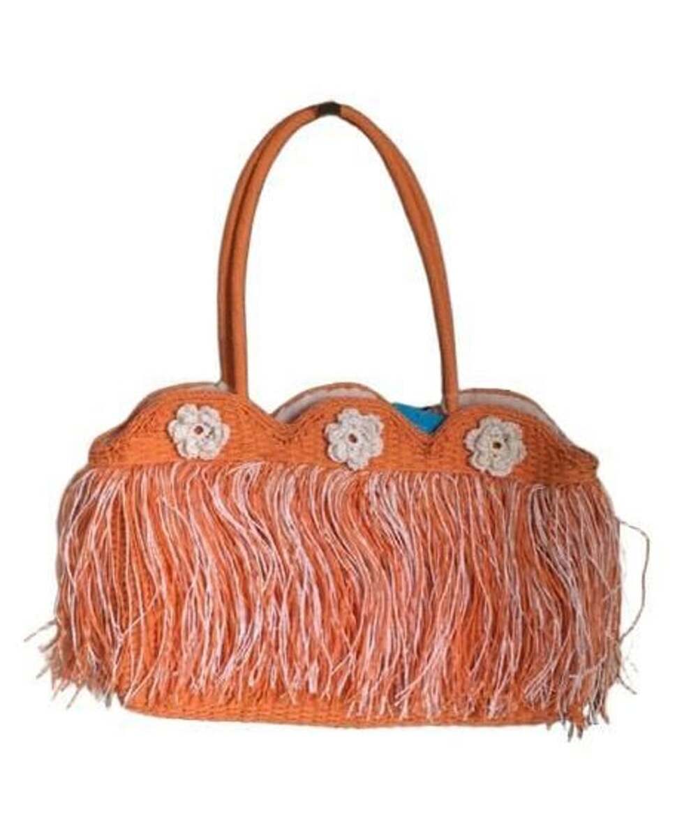 Unbranded Handwoven Straw Fringe Tote Bag Orange Summer Beach Purse